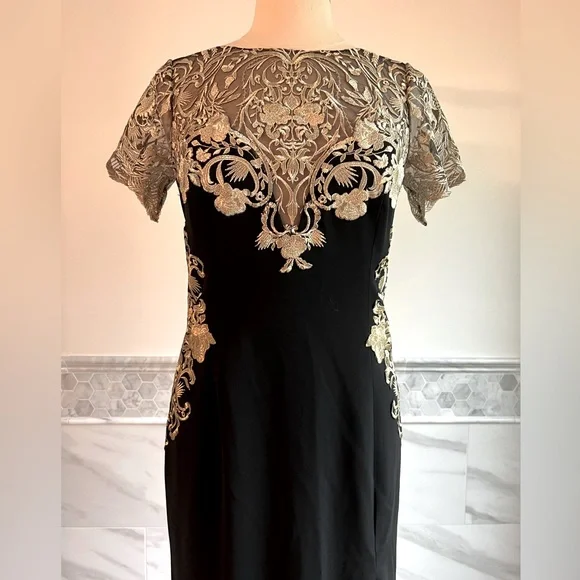Marchesa Notte Mermaid Black Stretch Crepe and Gold Lace Embroidered Ball Gown 8 - Picture 2 of 16